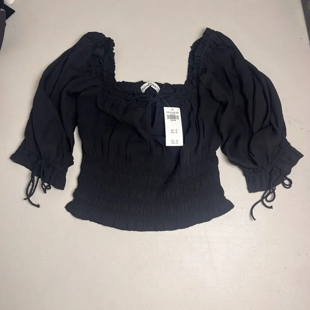 Abercrombie & Fitch Womens Medium Smocked Peasant Top Puff Sleeve Black Y2K Boho